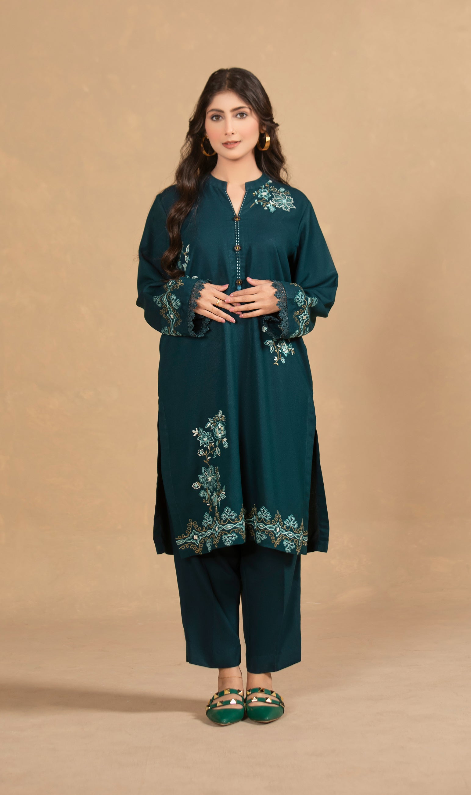 Deep Teal Embroided Suit-TA06-2Pc