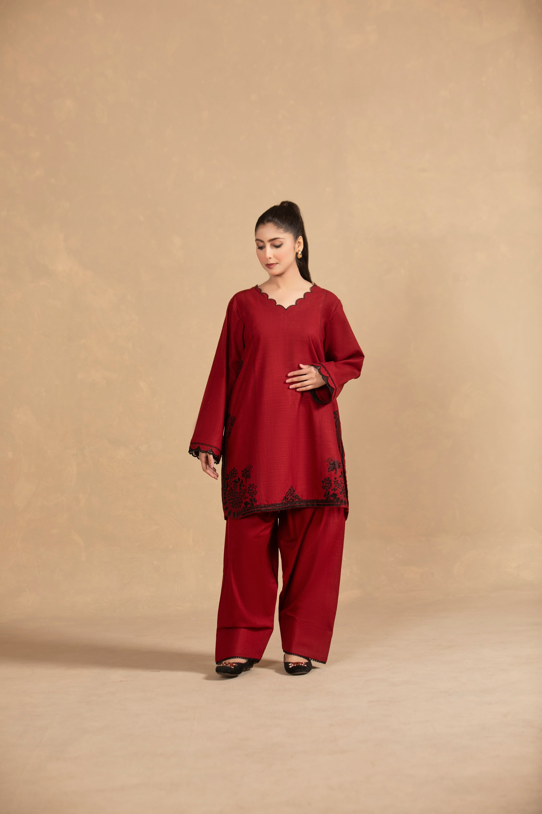 Deep Red Embroided suit-TA03-2Pc