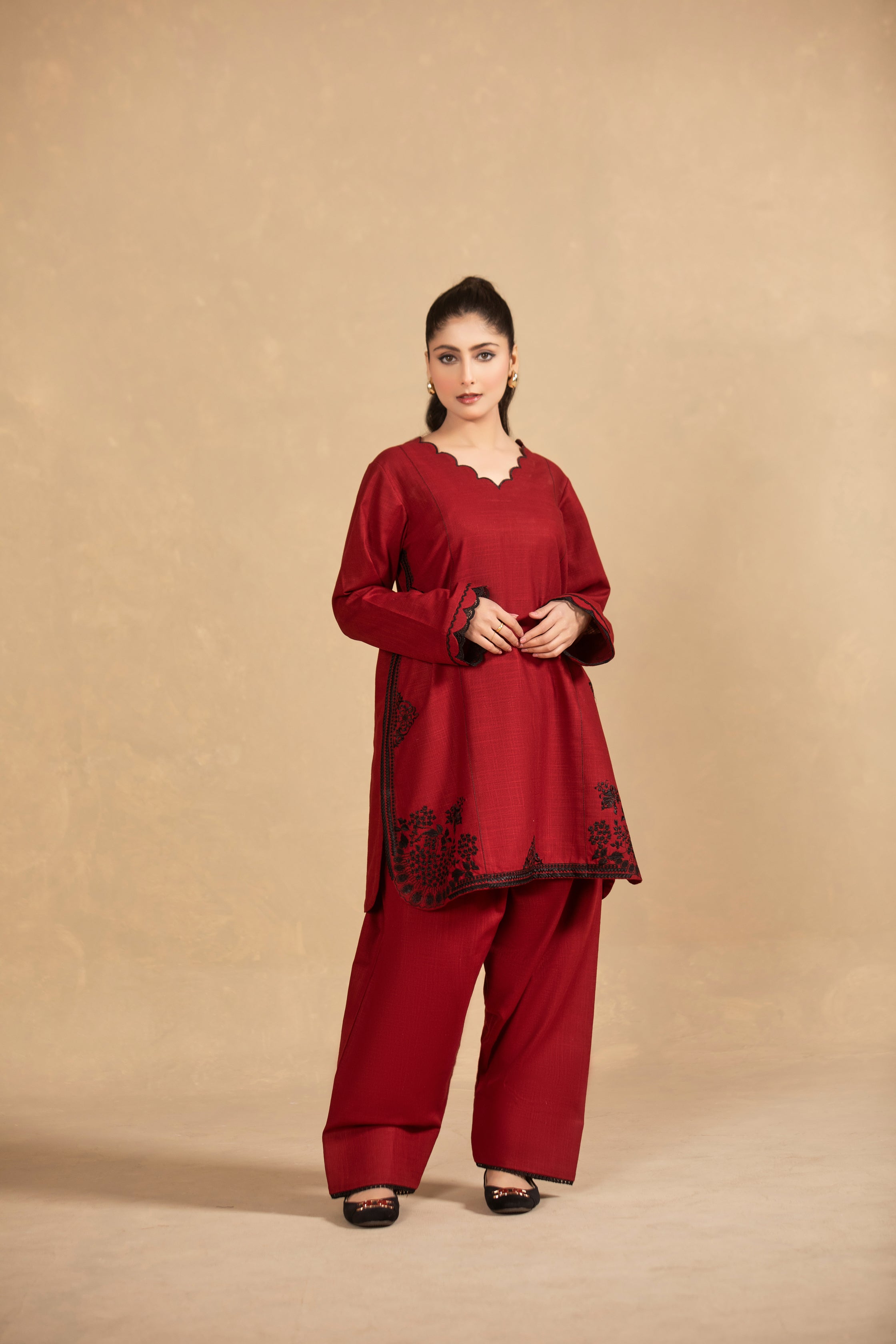 Deep Red Embroided suit-TA03-2Pc