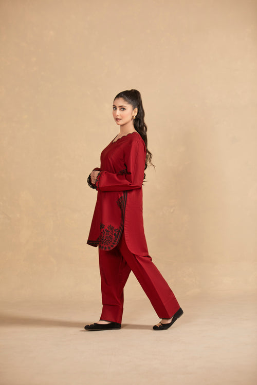 Deep Red Embroided suit-TA03-2Pc