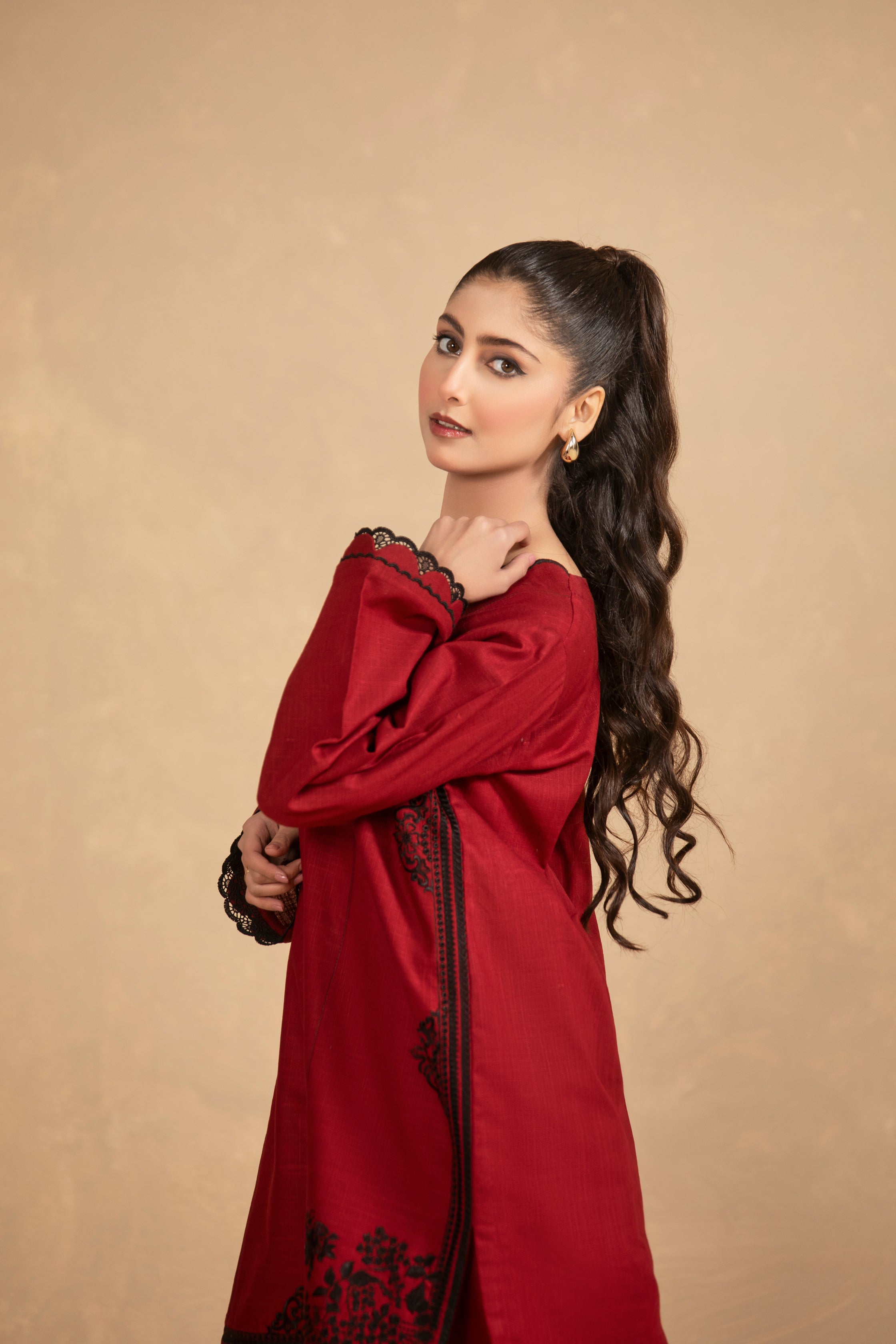 Deep Red Embroided suit-TA03-2Pc