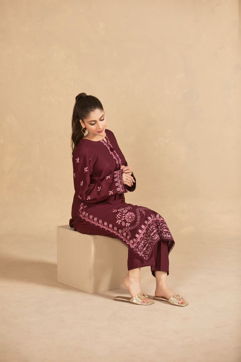 Plum Embroided Suit-TA08-2Pc